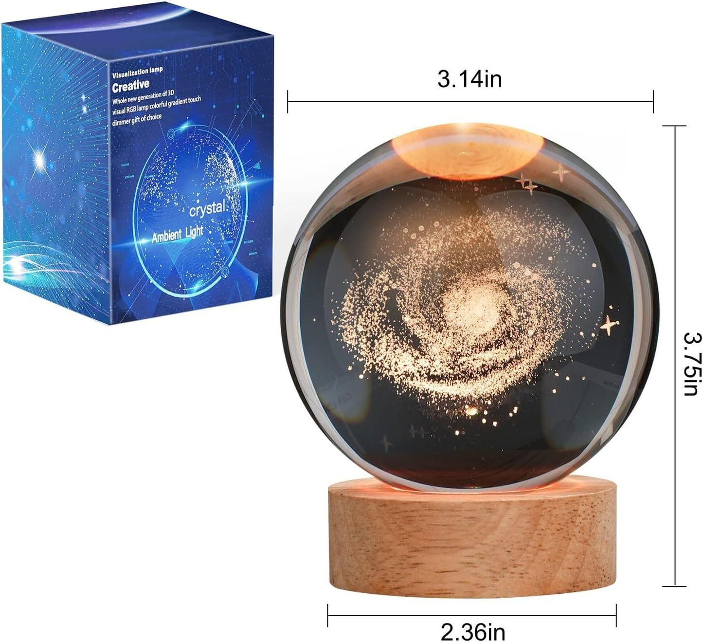 3D Galaxy Crystal Ball Night Lamp,Creative Engraved Crystal Ball Night Light, USB Table LED Wooden Crystal Ball for Home Office Decoration Birthday Gift Adults (Galaxy)(Warm White)
