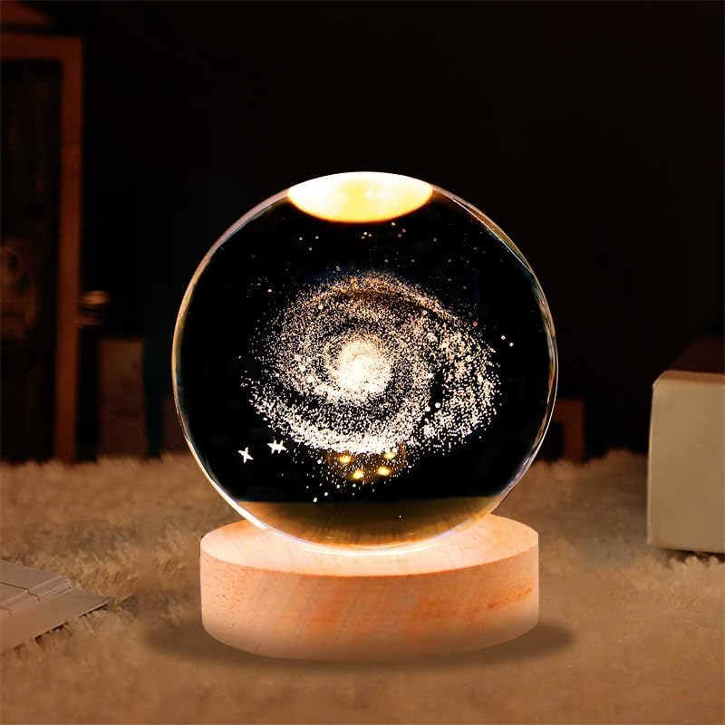3D Galaxy Crystal Ball Night Lamp,Creative Engraved Crystal Ball Night Light, USB Table LED Wooden Crystal Ball for Home Office Decoration Birthday Gift Adults (Galaxy)(Warm White)