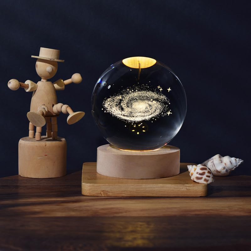 3D Galaxy Crystal Ball Night Lamp,Creative Engraved Crystal Ball Night Light, USB Table LED Wooden Crystal Ball for Home Office Decoration Birthday Gift Adults (Galaxy)(Warm White)