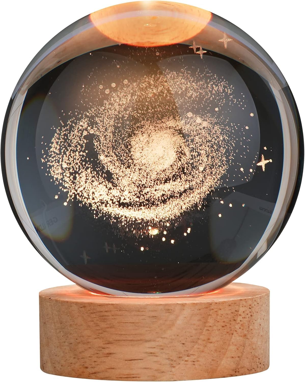 3D Galaxy Crystal Ball Night Lamp,Creative Engraved Crystal Ball Night Light, USB Table LED Wooden Crystal Ball for Home Office Decoration Birthday Gift Adults (Galaxy)(Warm White)