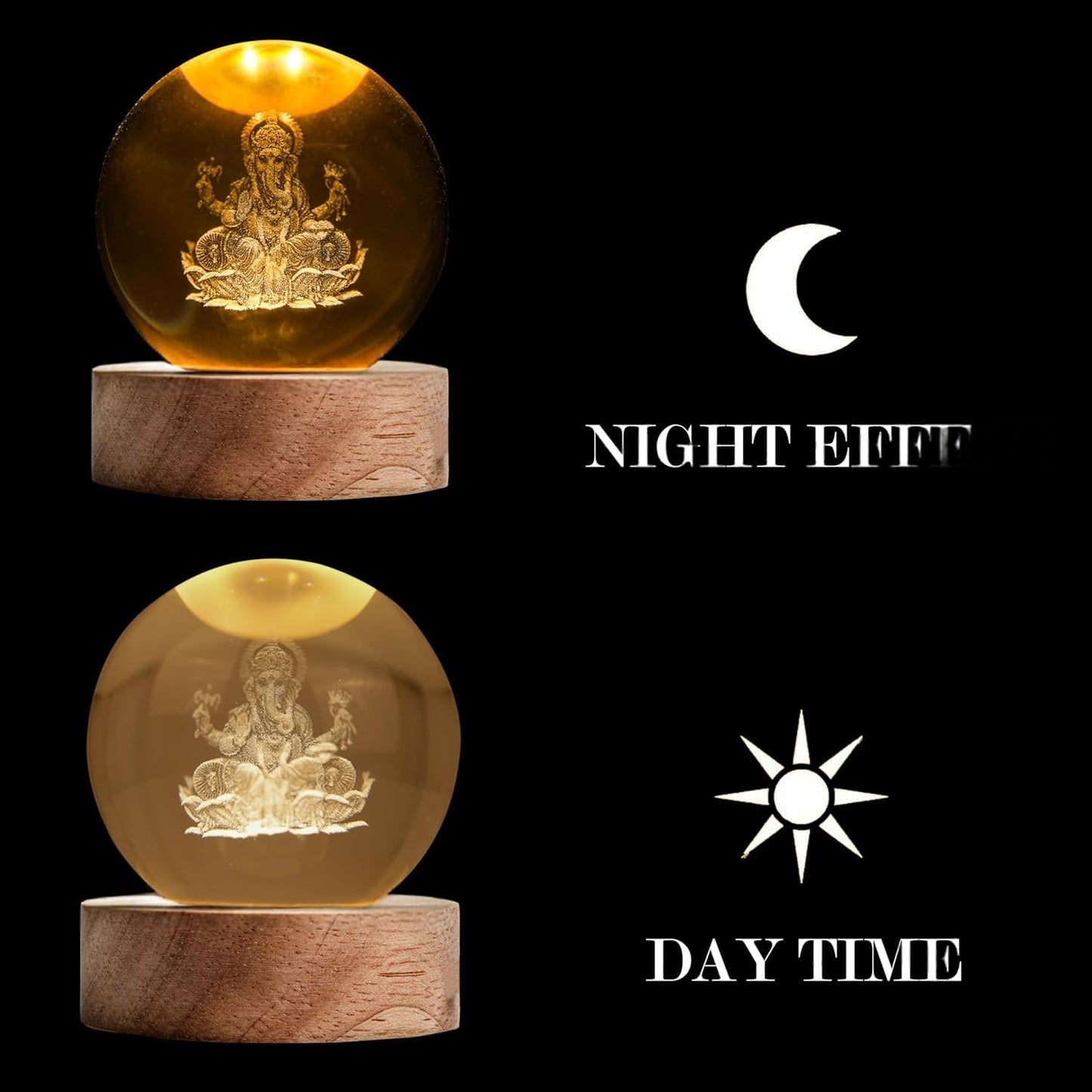 3D Crystal LED Laxmi Ganesha Crystal Ball Light - Room Decor Night Lights Luminous Ball Inner 3D Figurine USB Table LED Wooden Crystal Ball for Decoration Birthday Diwali Gifts Adults