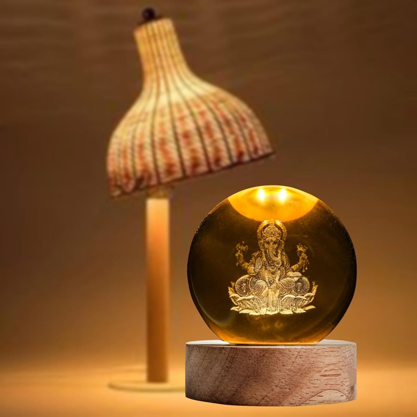 3D Crystal LED Laxmi Ganesha Crystal Ball Light - Room Decor Night Lights Luminous Ball Inner 3D Figurine USB Table LED Wooden Crystal Ball for Decoration Birthday Diwali Gifts Adults
