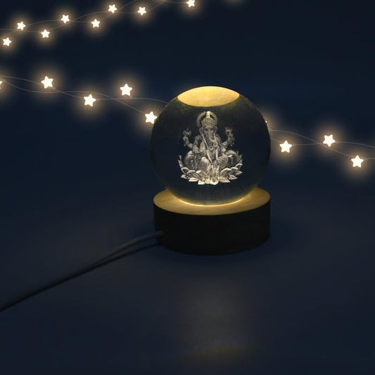3D Crystal LED Laxmi Ganesha Crystal Ball Light - Room Decor Night Lights Luminous Ball Inner 3D Figurine USB Table LED Wooden Crystal Ball for Decoration Birthday Diwali Gifts Adults