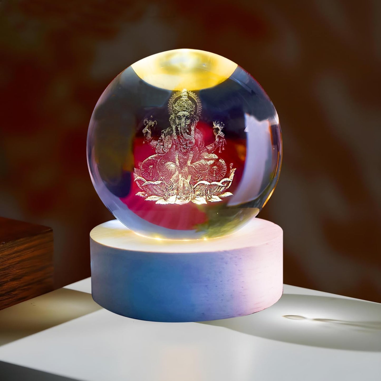 3D Crystal LED Laxmi Ganesha Crystal Ball Light - Room Decor Night Lights Luminous Ball Inner 3D Figurine USB Table LED Wooden Crystal Ball for Decoration Birthday Diwali Gifts Adults