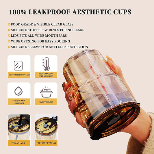 Leather Grip Coffee Cup Sipper Glass with Straw Mug with Straw Coffee Cup with Leather Grip Glass Bottle with Silicone Straw
