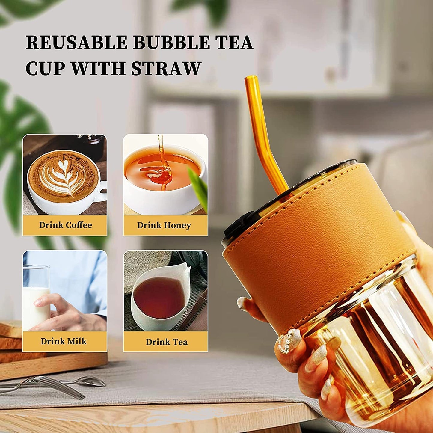 Leather Grip Coffee Cup Sipper Glass with Straw Mug with Straw Coffee Cup with Leather Grip Glass Bottle with Silicone Straw