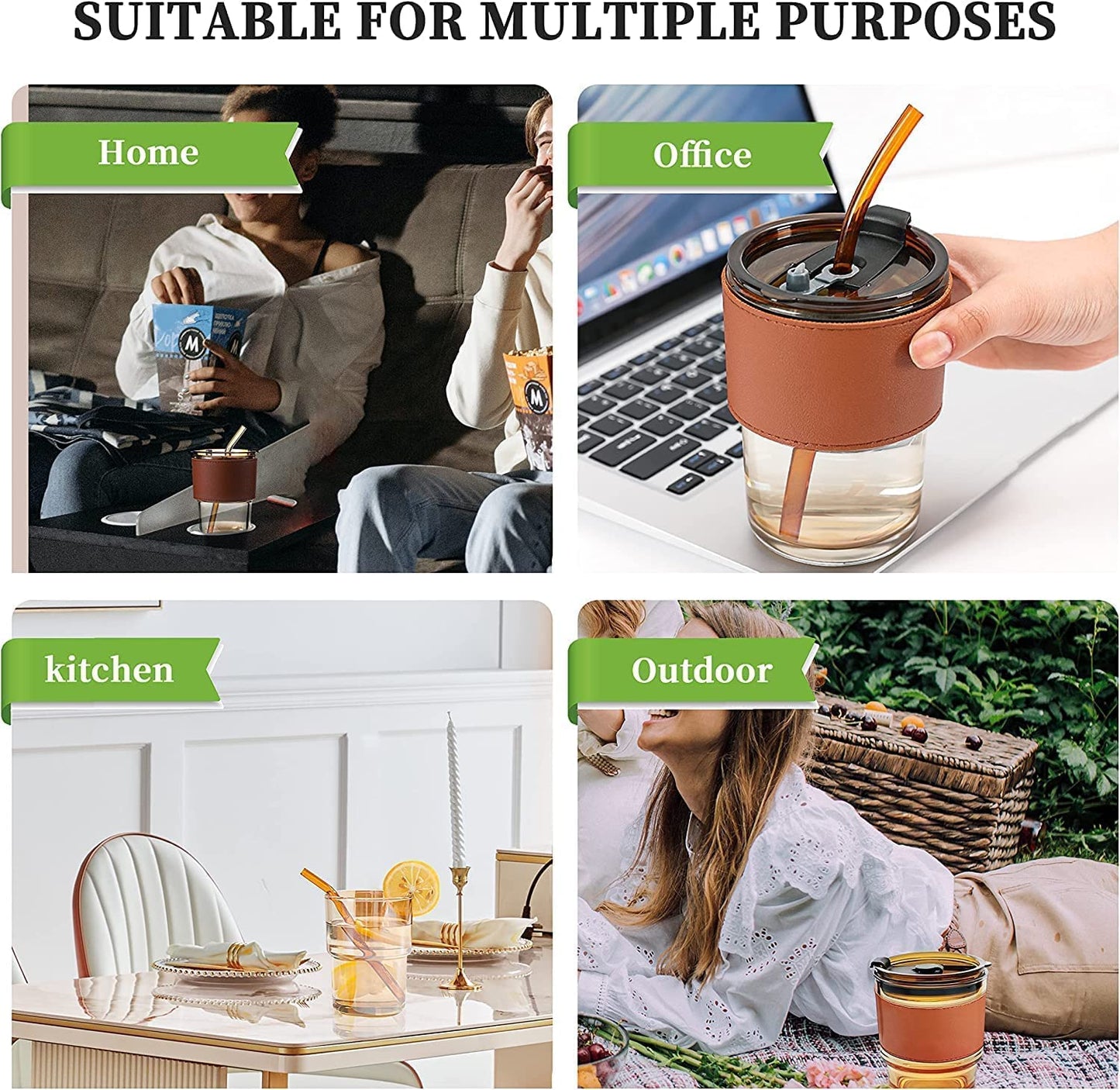 Leather Grip Coffee Cup Sipper Glass with Straw Mug with Straw Coffee Cup with Leather Grip Glass Bottle with Silicone Straw