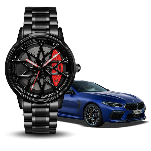 Dropshipping india Men’s Luxury Car Wheel Watch – Racing Rim Inspired Design with Red Brake Caliper