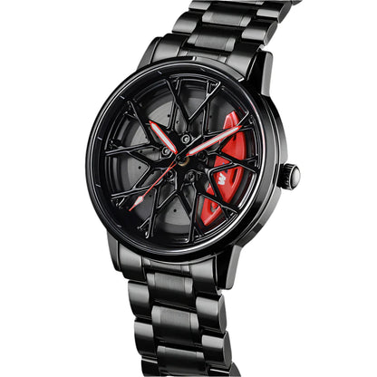 Dropshipping india Men’s Luxury Car Wheel Watch – Racing Rim Inspired Design with Red Brake Caliper