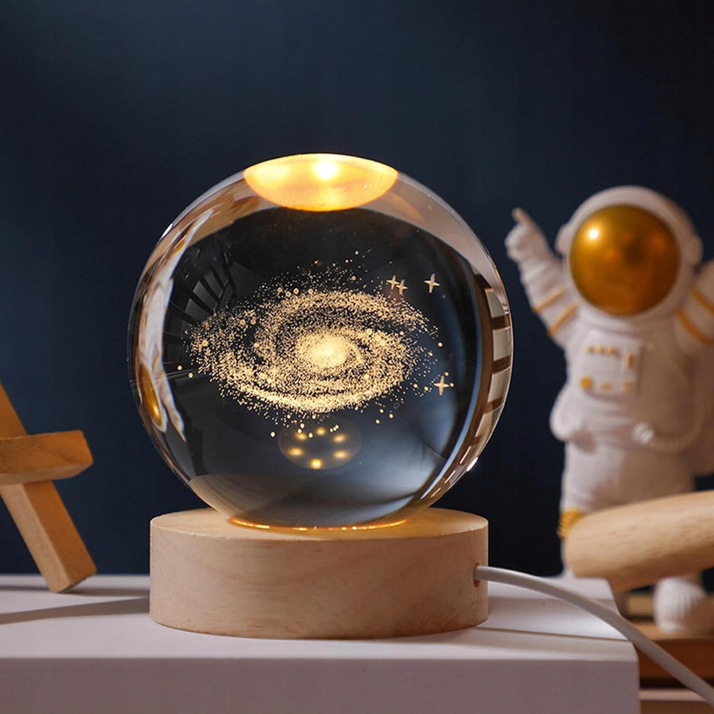 3D Galaxy Crystal Ball Night Lamp,Creative Engraved Crystal Ball Night Light, USB Table LED Wooden Crystal Ball for Home Office Decoration Birthday Gift Adults (Galaxy)(Warm White)