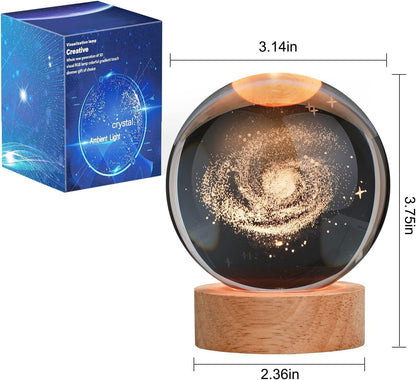 3D Galaxy Crystal Ball Night Lamp,Creative Engraved Crystal Ball Night Light, USB Table LED Wooden Crystal Ball for Home Office Decoration Birthday Gift Adults (Galaxy)(Warm White)