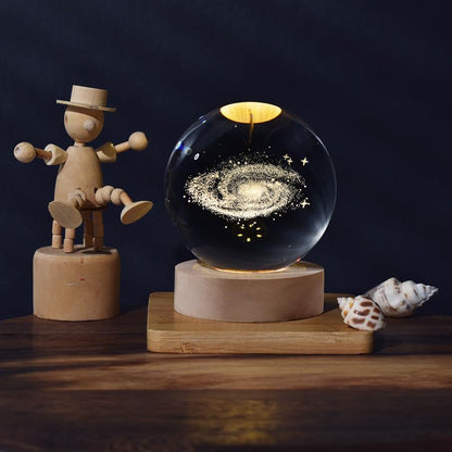 3D Galaxy Crystal Ball Night Lamp,Creative Engraved Crystal Ball Night Light, USB Table LED Wooden Crystal Ball for Home Office Decoration Birthday Gift Adults (Galaxy)(Warm White)