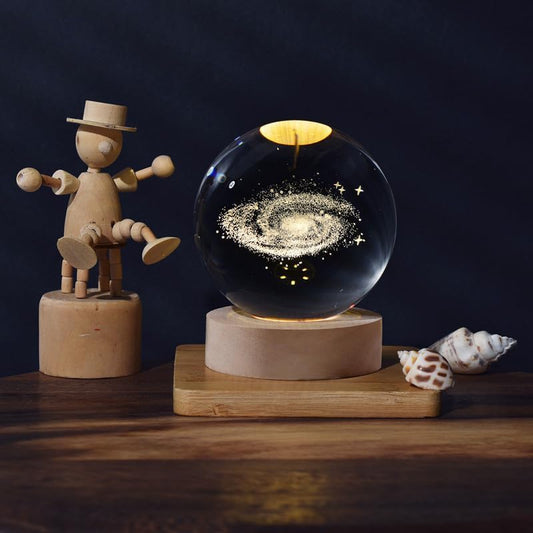 3D Galaxy Crystal Ball Night Lamp,Creative Engraved Crystal Ball Night Light, USB Table LED Wooden Crystal Ball for Home Office Decoration Birthday Gift Adults (Galaxy)(Warm White)