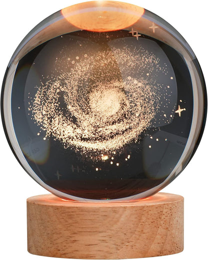 3D Galaxy Crystal Ball Night Lamp,Creative Engraved Crystal Ball Night Light, USB Table LED Wooden Crystal Ball for Home Office Decoration Birthday Gift Adults (Galaxy)(Warm White)