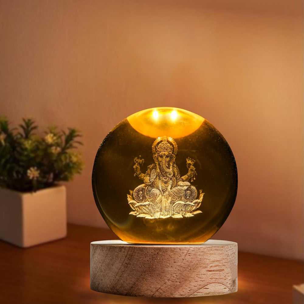3D Crystal LED Laxmi Ganesha Crystal Ball Light - Room Decor Night Lights Luminous Ball Inner 3D Figurine USB Table LED Wooden Crystal Ball for Decoration Birthday Diwali Gifts Adults