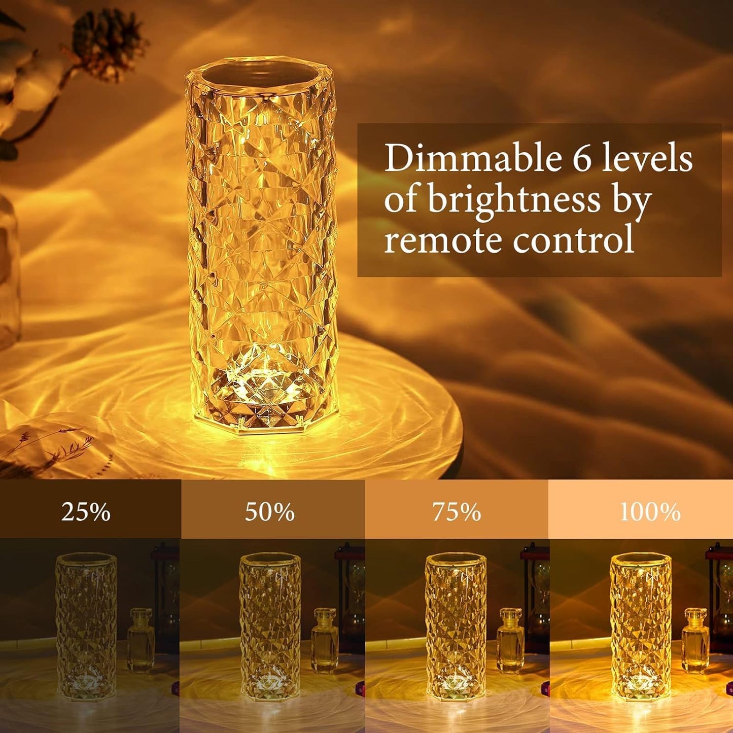 Diamond Crystal Table Lamp – Elegant Touch Control LED Ambient Light 16 Color Changing Touch Lamp with Remote Control, USB Rechargeable LED Night Light for Bedroom, Living Room, Party