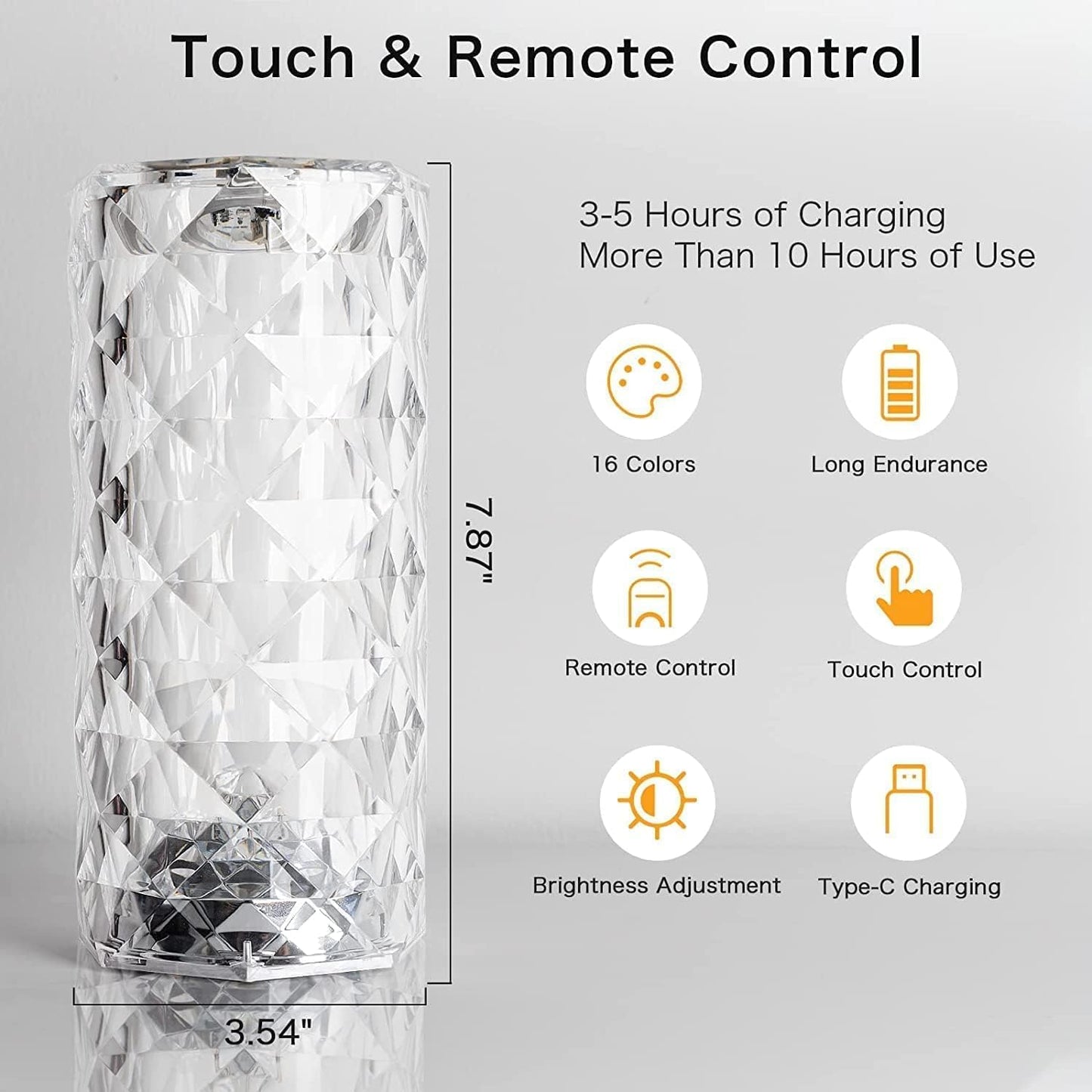 Diamond Crystal Table Lamp – Elegant Touch Control LED Ambient Light 16 Color Changing Touch Lamp with Remote Control, USB Rechargeable LED Night Light for Bedroom, Living Room, Party