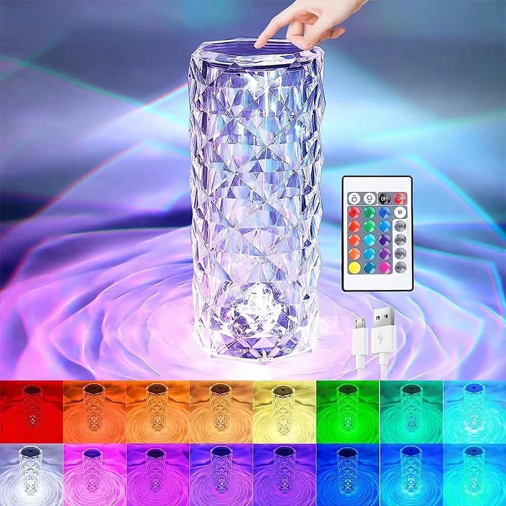 Diamond Crystal Table Lamp – Elegant Touch Control LED Ambient Light 16 Color Changing Touch Lamp with Remote Control, USB Rechargeable LED Night Light for Bedroom, Living Room, Party