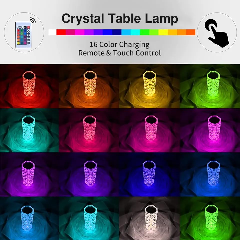 Diamond Crystal Table Lamp – Elegant Touch Control LED Ambient Light 16 Color Changing Touch Lamp with Remote Control, USB Rechargeable LED Night Light for Bedroom, Living Room, Party