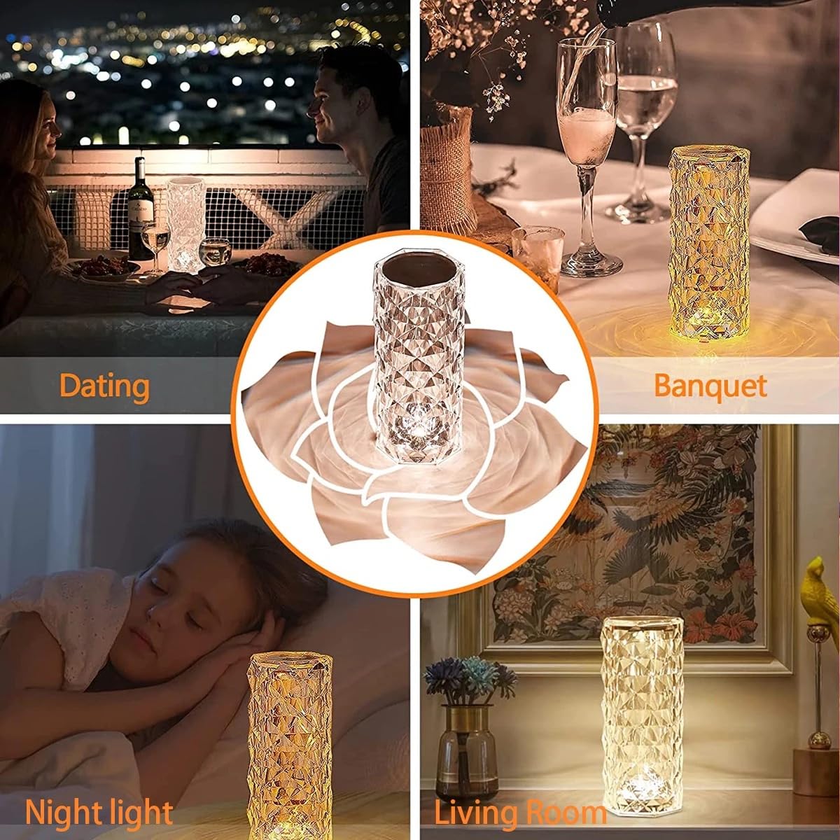 Diamond Crystal Table Lamp – Elegant Touch Control LED Ambient Light 16 Color Changing Touch Lamp with Remote Control, USB Rechargeable LED Night Light for Bedroom, Living Room, Party