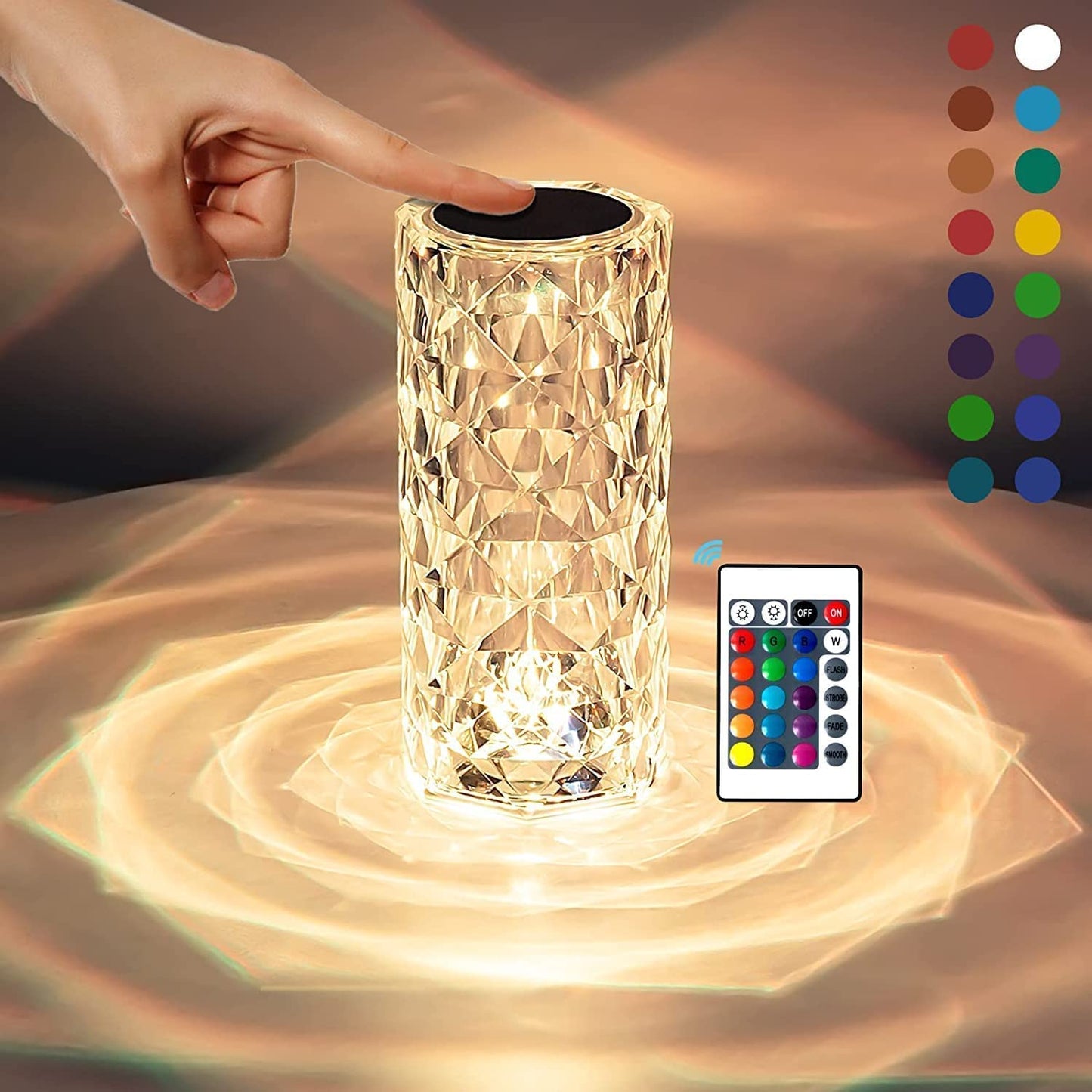 Diamond Crystal Table Lamp – Elegant Touch Control LED Ambient Light 16 Color Changing Touch Lamp with Remote Control, USB Rechargeable LED Night Light for Bedroom, Living Room, Party