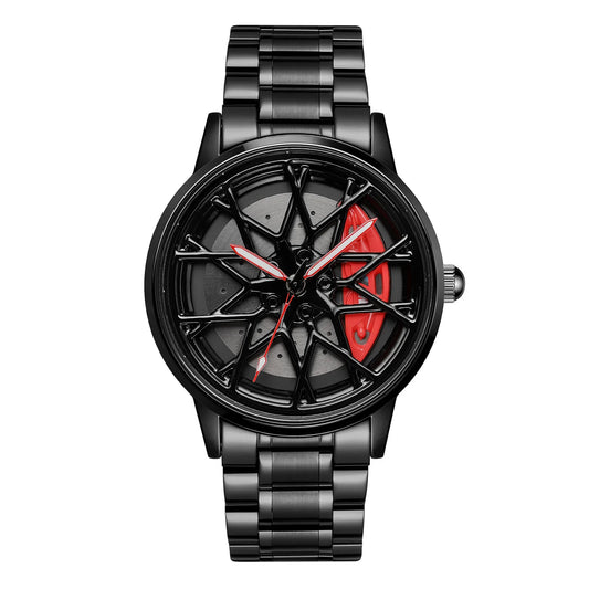 Dropshipping india Men’s Luxury Car Wheel Watch – Racing Rim Inspired Design with Red Brake Caliper