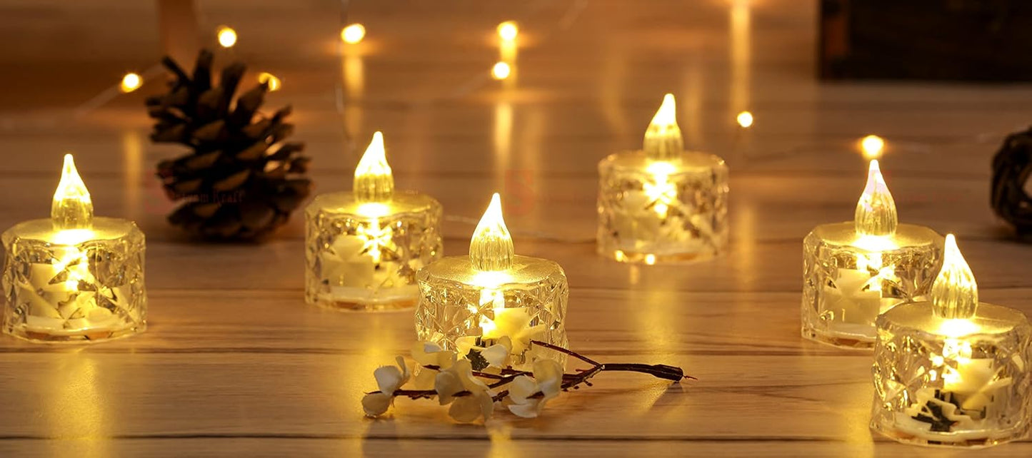 Crystal Acrylic Flameless LED Candles (Set of 6) – Warm Flickering Light for Home & Festive Décor