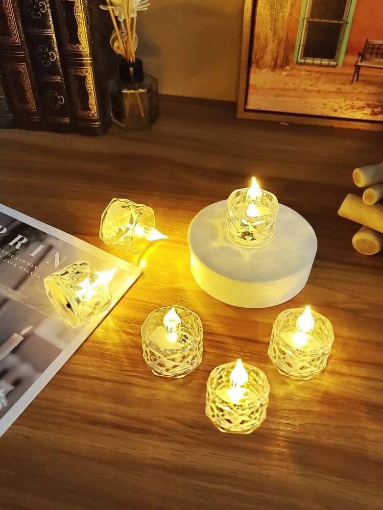 Crystal Acrylic Flameless LED Candles (Set of 6) – Warm Flickering Light for Home & Festive Décor