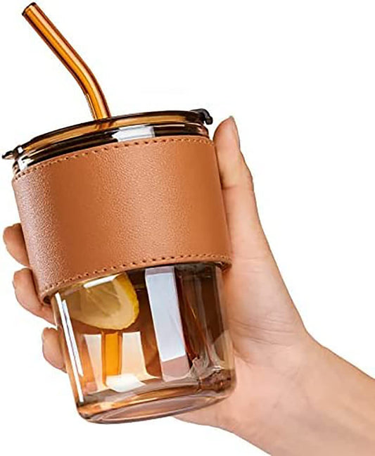 Leather Grip Coffee Cup Sipper Glass with Straw Mug with Straw Coffee Cup with Leather Grip Glass Bottle with Silicone Straw