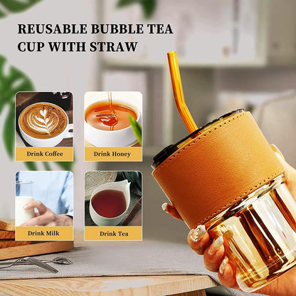 Leather Grip Coffee Cup Sipper Glass with Straw Mug with Straw Coffee Cup with Leather Grip Glass Bottle with Silicone Straw