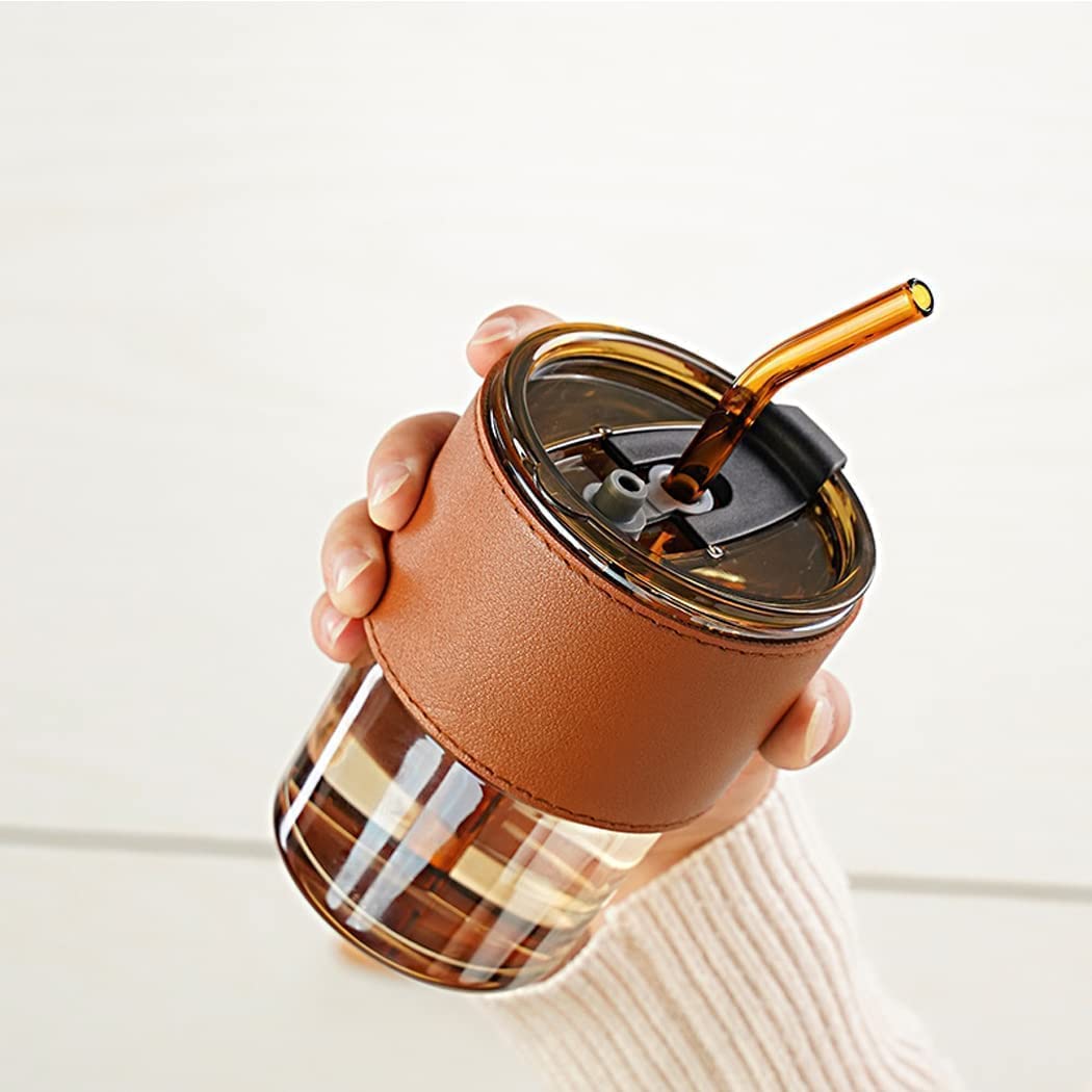 Leather Grip Coffee Cup Sipper Glass with Straw Mug with Straw Coffee Cup with Leather Grip Glass Bottle with Silicone Straw