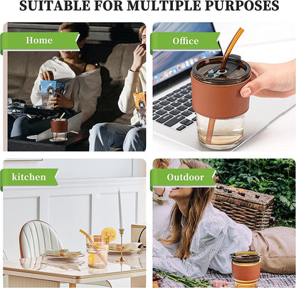 Leather Grip Coffee Cup Sipper Glass with Straw Mug with Straw Coffee Cup with Leather Grip Glass Bottle with Silicone Straw