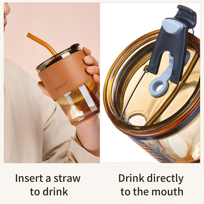 Leather Grip Coffee Cup Sipper Glass with Straw Mug with Straw Coffee Cup with Leather Grip Glass Bottle with Silicone Straw
