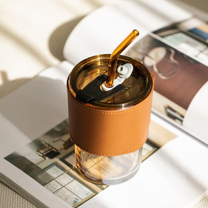 Leather Grip Coffee Cup Sipper Glass with Straw Mug with Straw Coffee Cup with Leather Grip Glass Bottle with Silicone Straw